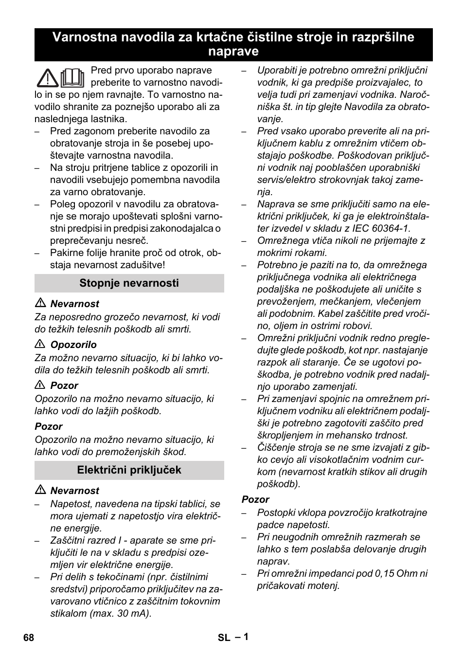 Slovenščina, Stopnje nevarnosti, Električni priključek | Karcher Brush cleaning devices and spray extraction devices User Manual | Page 68 / 116