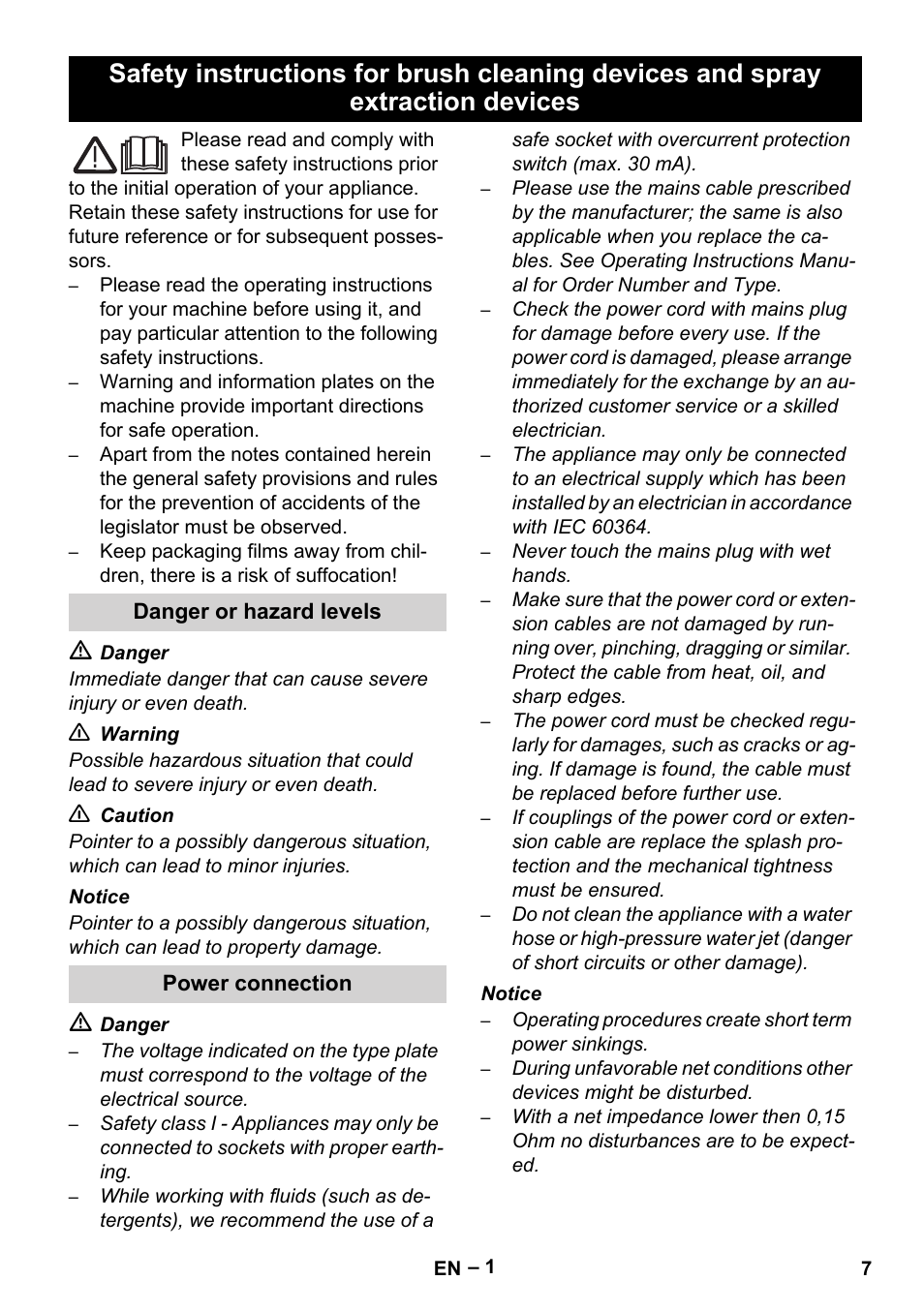 English, Danger or hazard levels, Power connection | Karcher Brush cleaning devices and spray extraction devices User Manual | Page 7 / 116