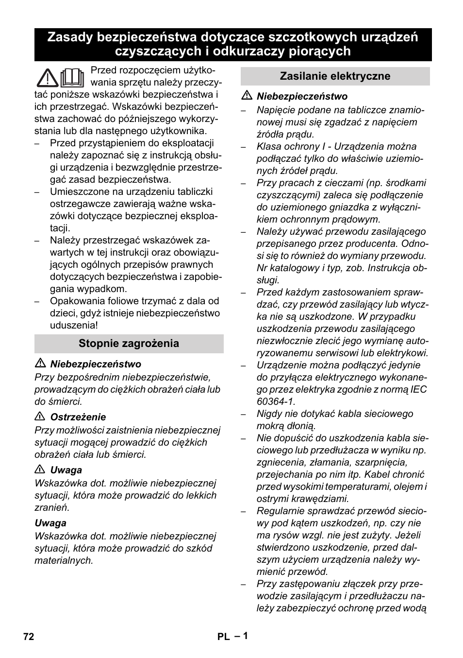 Polski, Stopnie zagrożenia, Zasilanie elektryczne | Karcher Brush cleaning devices and spray extraction devices User Manual | Page 72 / 116