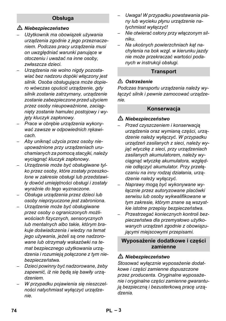 Obsługa, Transport, Konserwacja | Wyposażenie dodatkowe i części zamienne | Karcher Brush cleaning devices and spray extraction devices User Manual | Page 74 / 116