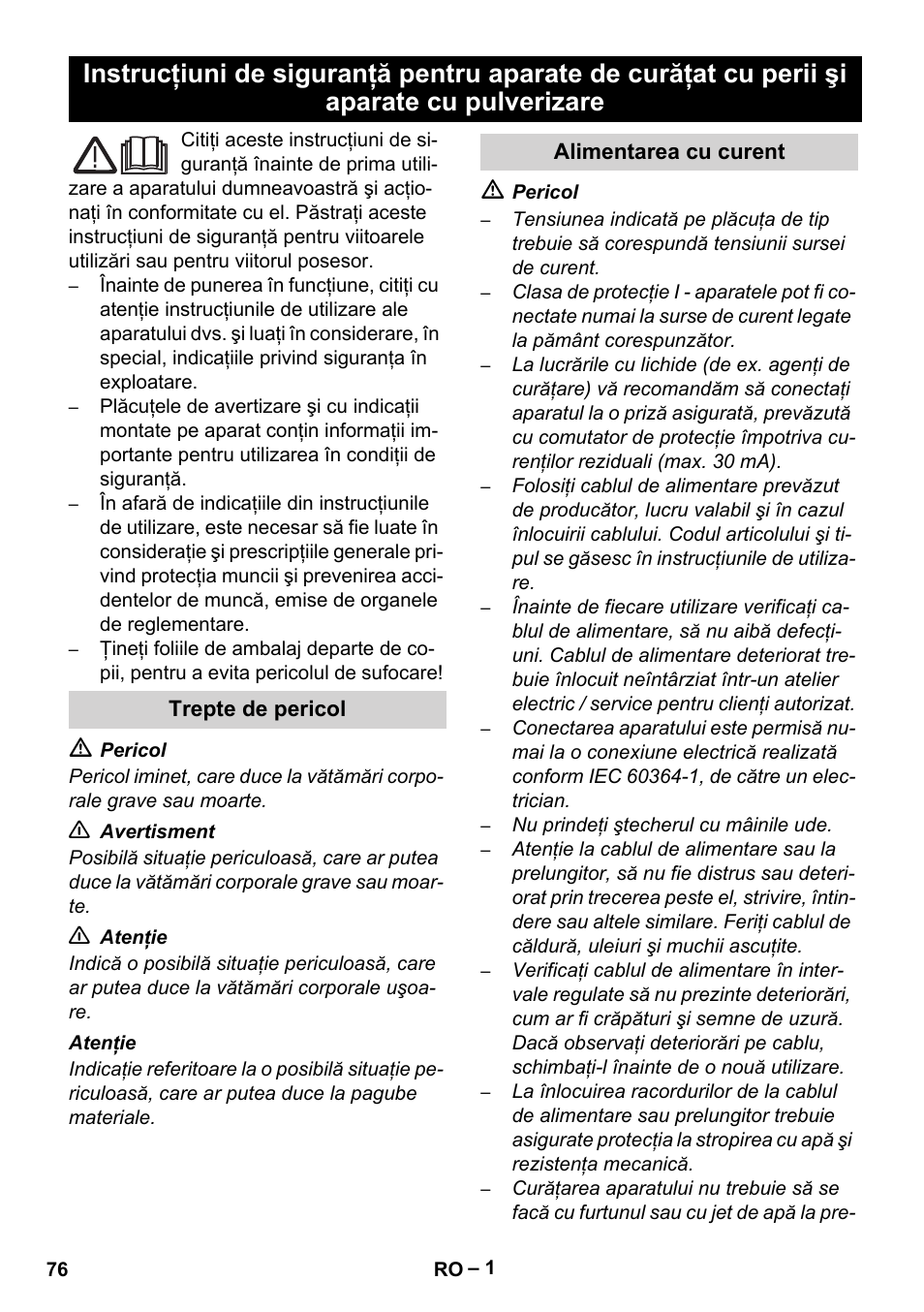 Româneşte, Trepte de pericol, Alimentarea cu curent | Karcher Brush cleaning devices and spray extraction devices User Manual | Page 76 / 116
