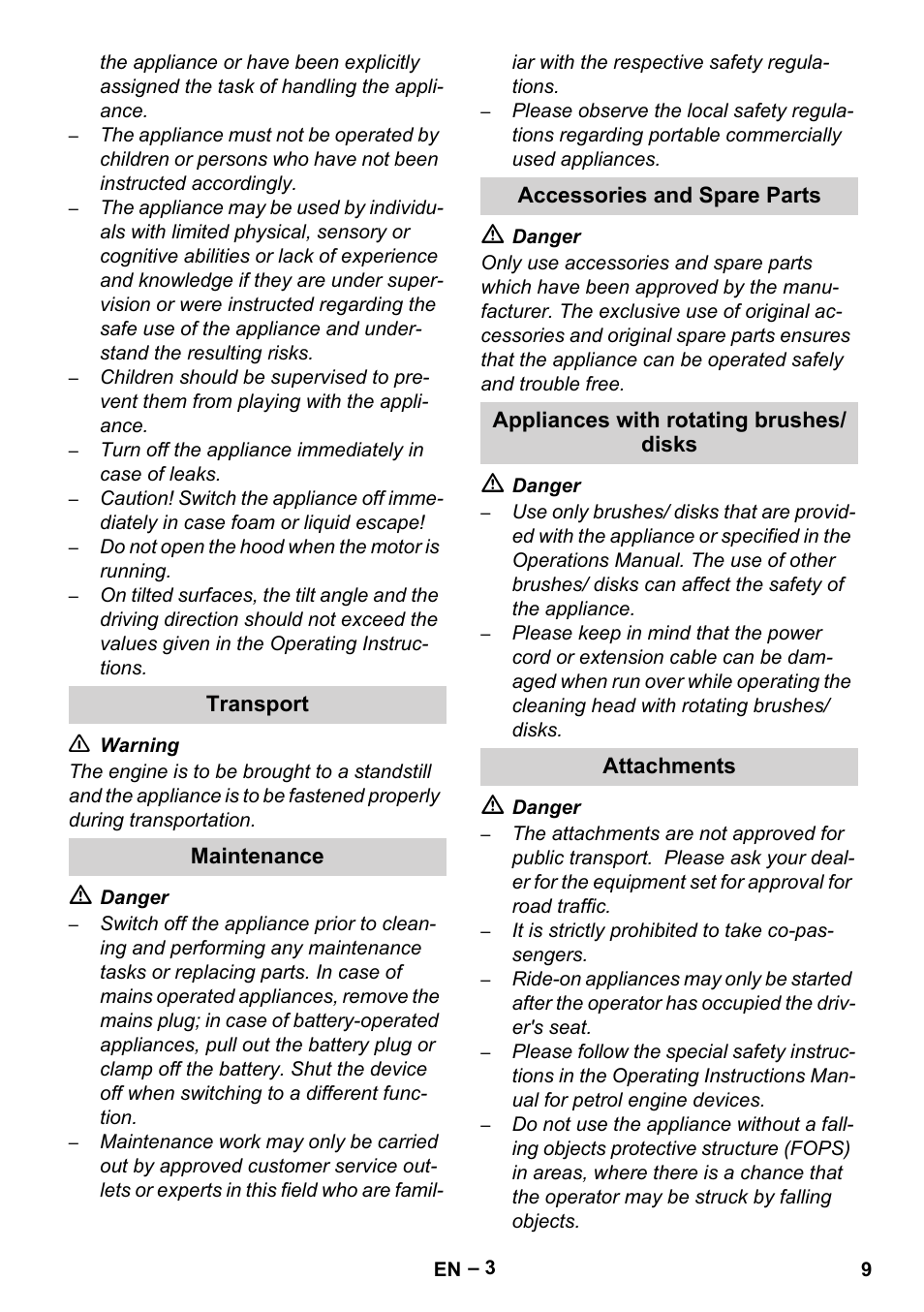 Transport, Maintenance, Accessories and spare parts | Appliances with rotating brushes/ disks, Attachments | Karcher Brush cleaning devices and spray extraction devices User Manual | Page 9 / 116