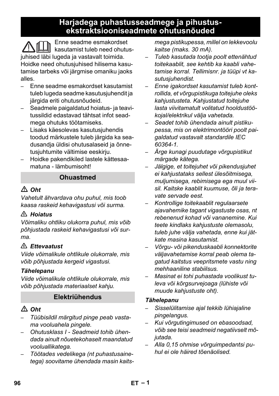 Eesti, Ohuastmed, Elektriühendus | Karcher Brush cleaning devices and spray extraction devices User Manual | Page 96 / 116