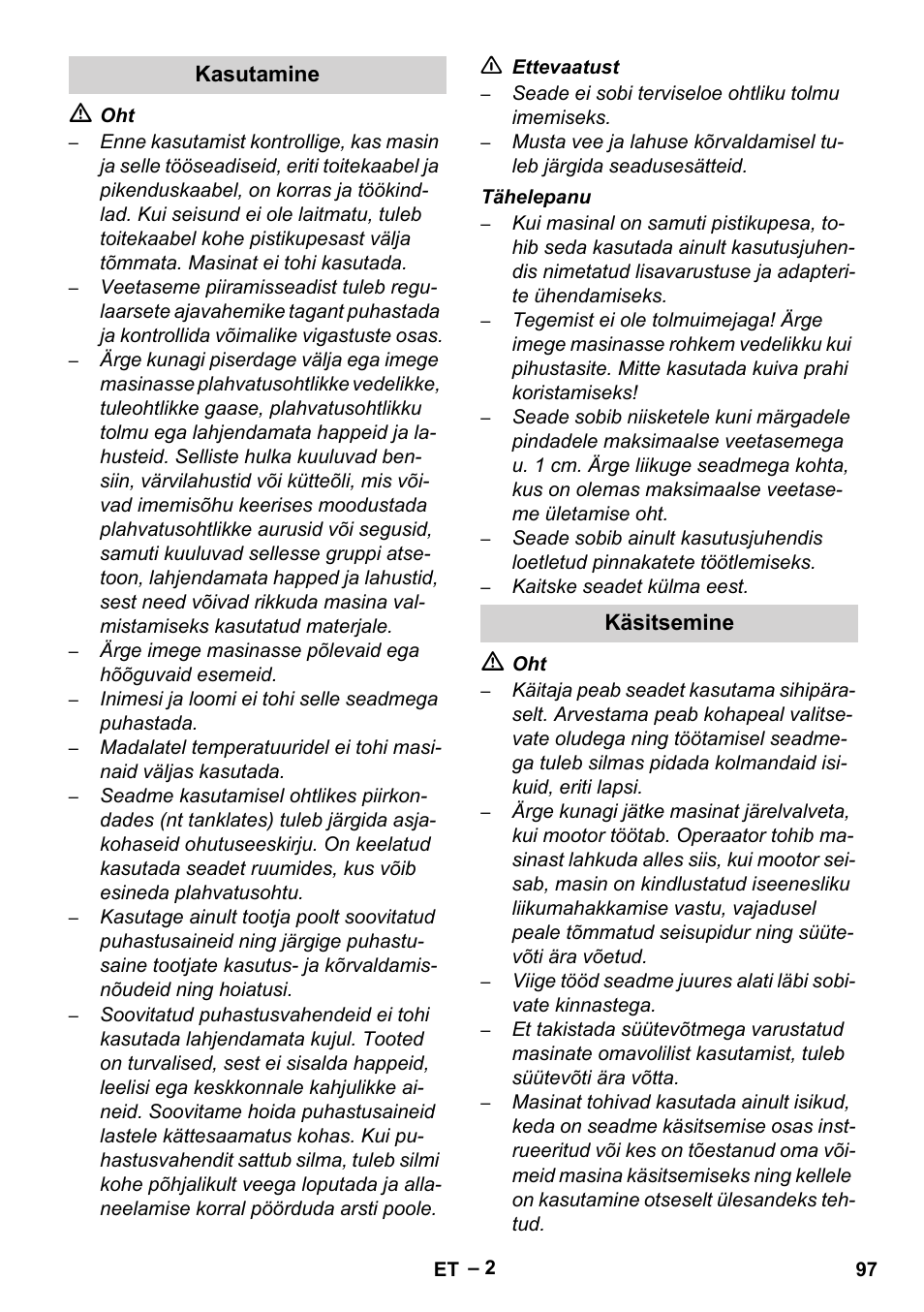 Kasutamine, Käsitsemine | Karcher Brush cleaning devices and spray extraction devices User Manual | Page 97 / 116