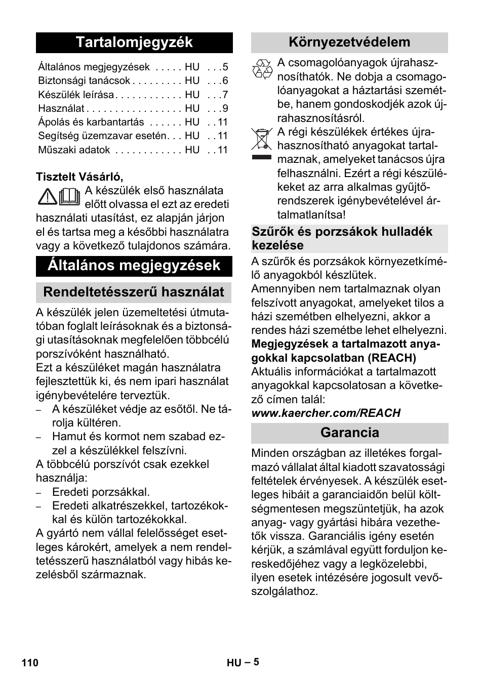 Magyar, Tartalomjegyzék, Általános megjegyzések | Rendeltetésszerű használat környezetvédelem, Garancia | Karcher MV 3 P User Manual | Page 110 / 222