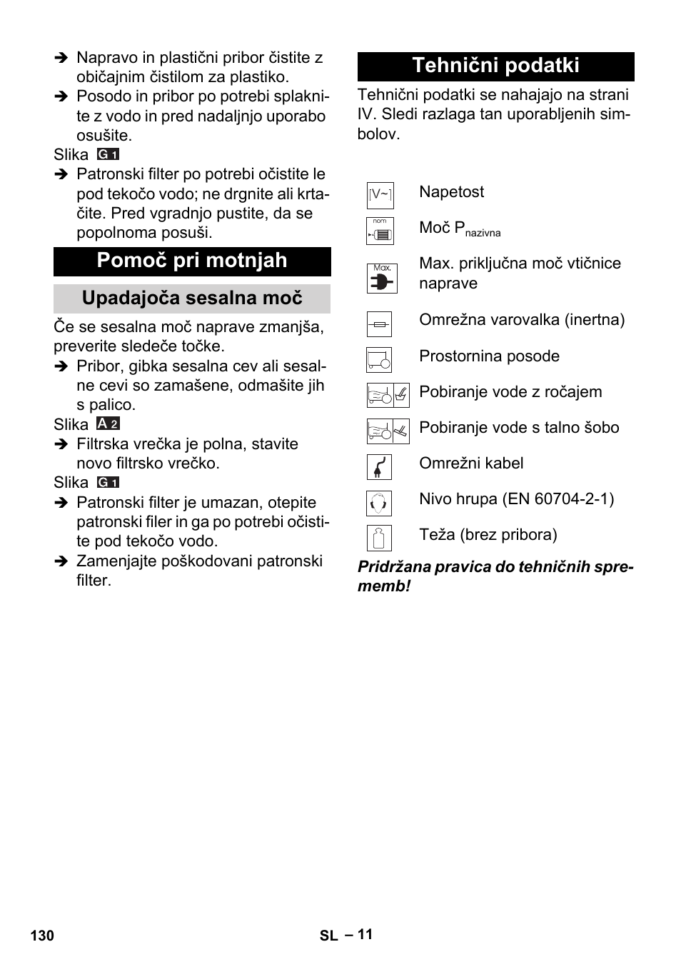 Pomoč pri motnjah, Tehnični podatki, Upadajoča sesalna moč | Karcher MV 3 P User Manual | Page 130 / 222