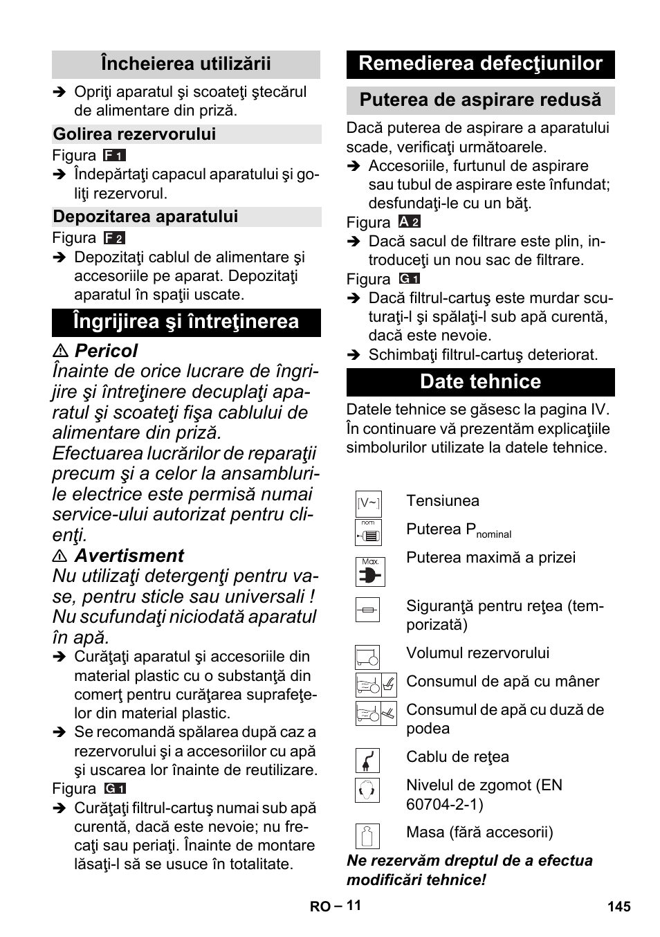 Date tehnice, Încheierea utilizării, Puterea de aspirare redusă | Karcher MV 3 P User Manual | Page 145 / 222