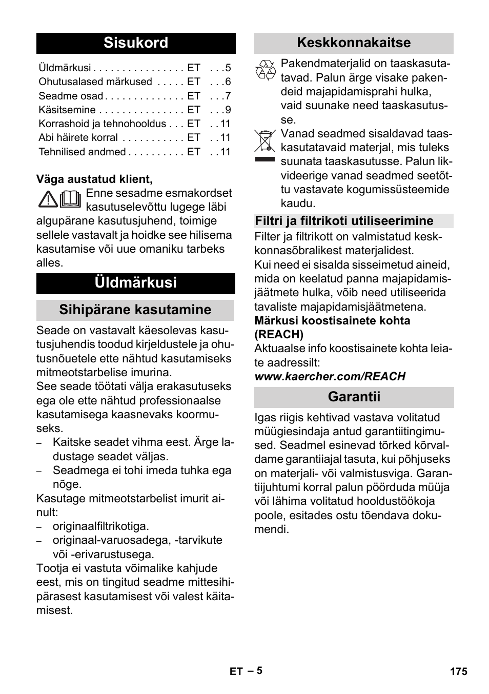 Eesti, Sisukord, Üldmärkusi | Sihipärane kasutamine keskkonnakaitse, Garantii | Karcher MV 3 P User Manual | Page 175 / 222