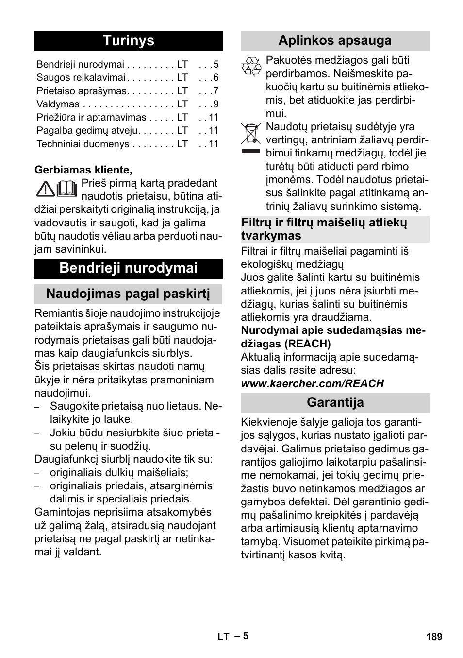 Lietuviškai, Turinys, Bendrieji nurodymai | Naudojimas pagal paskirtį aplinkos apsauga, Garantija | Karcher MV 3 P User Manual | Page 189 / 222