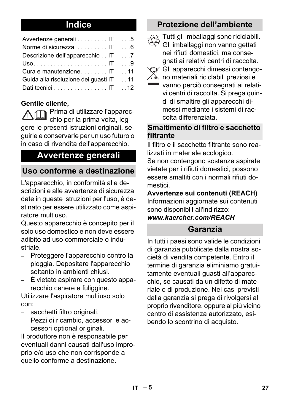 Italiano, Indice, Avvertenze generali | Garanzia | Karcher MV 3 P User Manual | Page 27 / 222