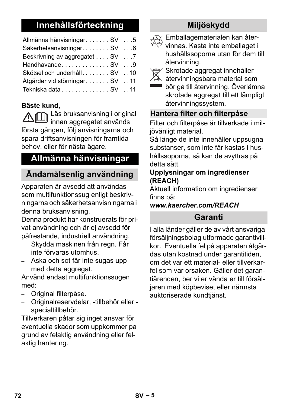 Svenska, Innehållsförteckning, Allmänna hänvisningar | Ändamålsenlig användning miljöskydd, Garanti | Karcher MV 3 P User Manual | Page 72 / 222