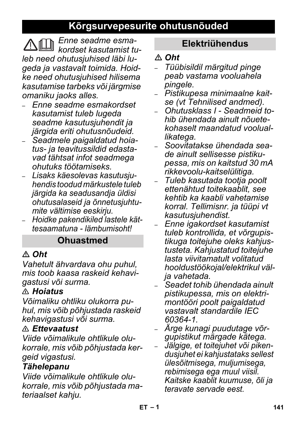 Eesti, Kõrgsurvepesurite ohutusnõuded | Karcher High Pressure Cleaners User Manual | Page 141 / 192