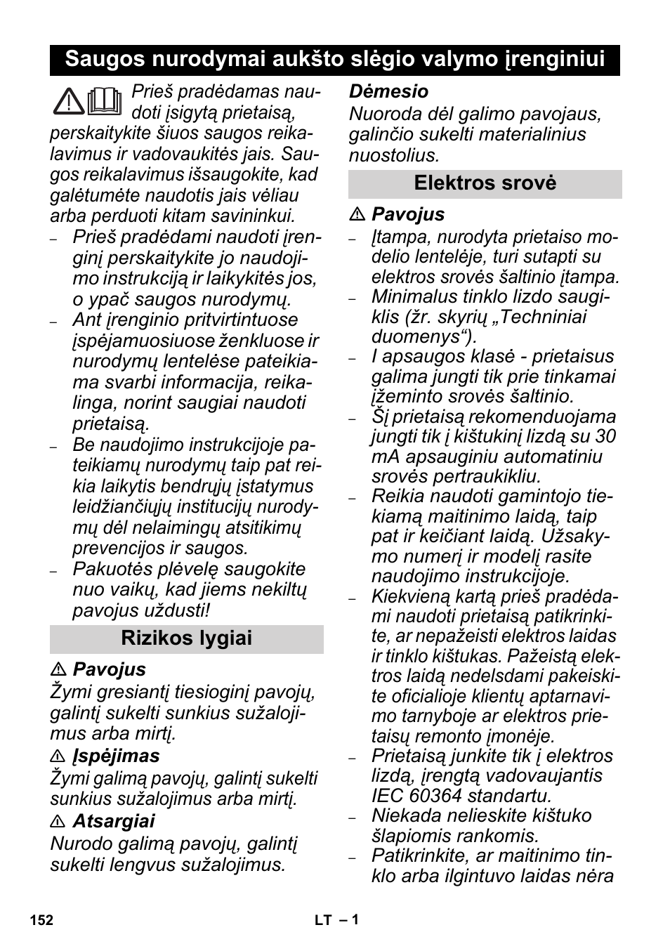 Lietuviškai, Saugos nurodymai aukšto slėgio valymo įrenginiui, Rizikos lygiai elektros srovė | Karcher High Pressure Cleaners User Manual | Page 152 / 192