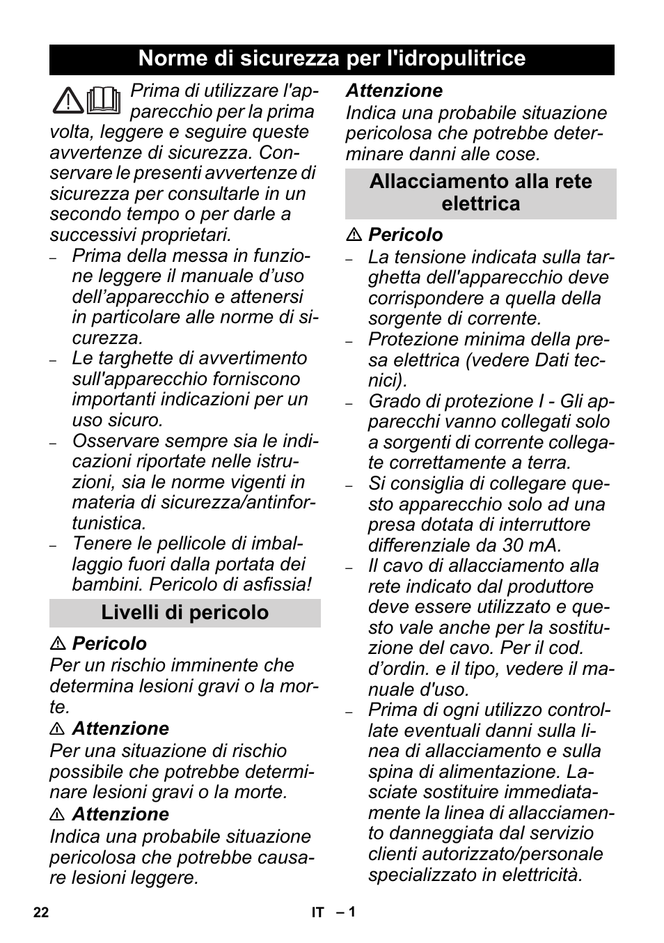 Italiano, Norme di sicurezza per l'idropulitrice | Karcher High Pressure Cleaners User Manual | Page 22 / 192