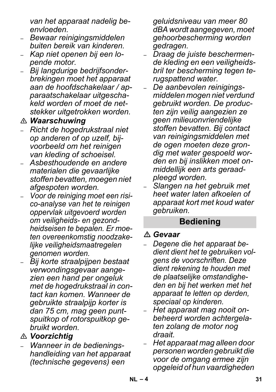 Bediening | Karcher High Pressure Cleaners User Manual | Page 31 / 192