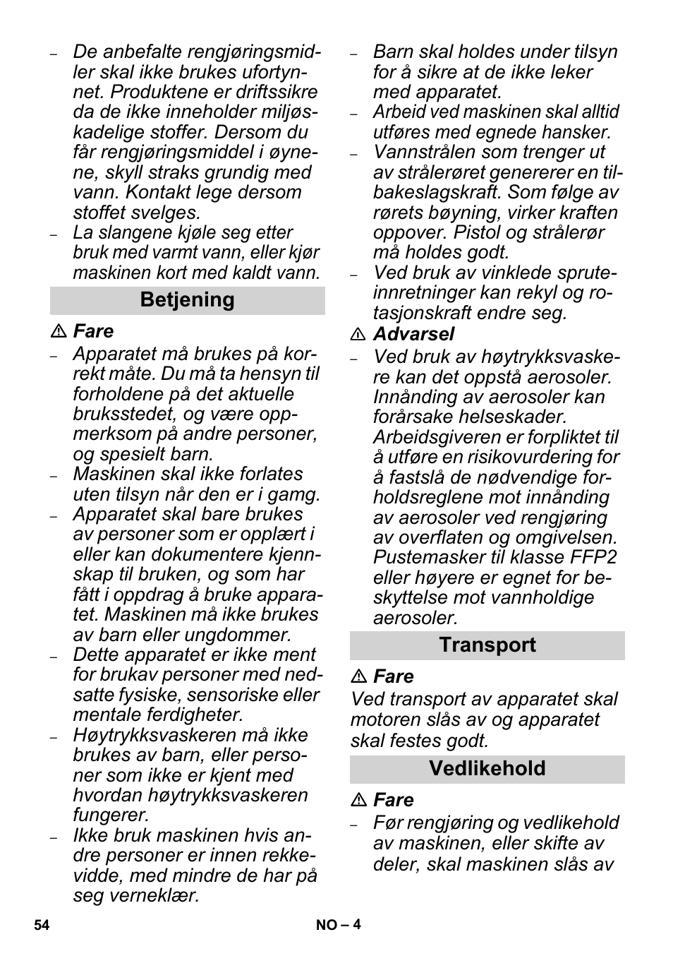 Betjening transport vedlikehold | Karcher High Pressure Cleaners User Manual | Page 54 / 192