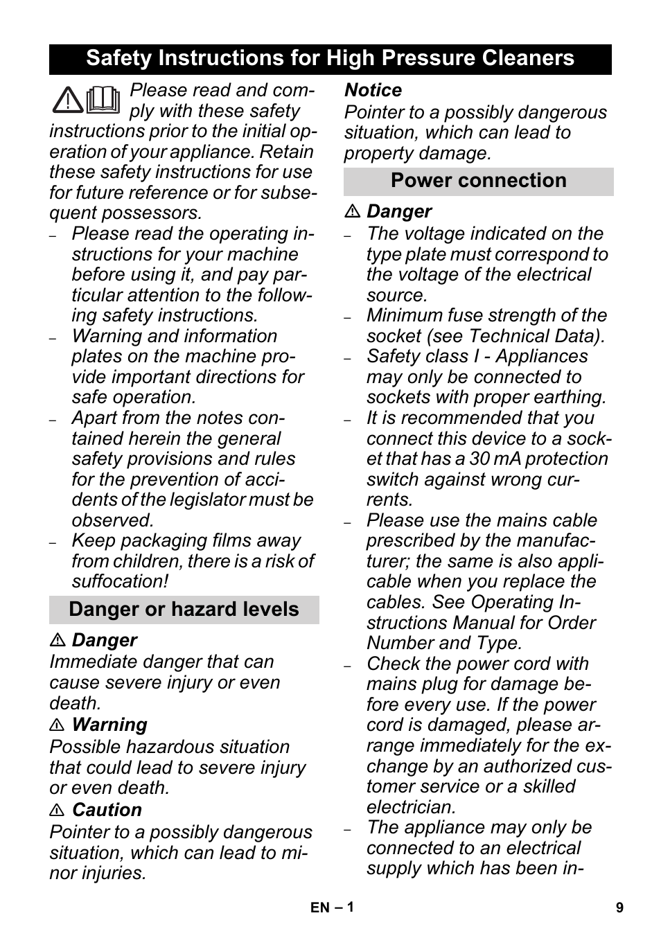 English, Safety instructions for high pressure cleaners | Karcher High Pressure Cleaners User Manual | Page 9 / 192