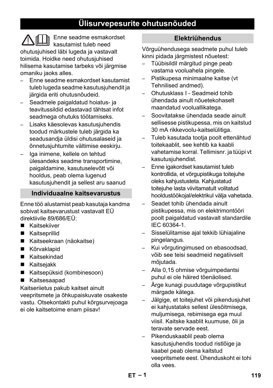 Eesti, Ülisurvepesurite ohutusnõuded | Karcher HD 9-50-4 User Manual | Page 119 / 140