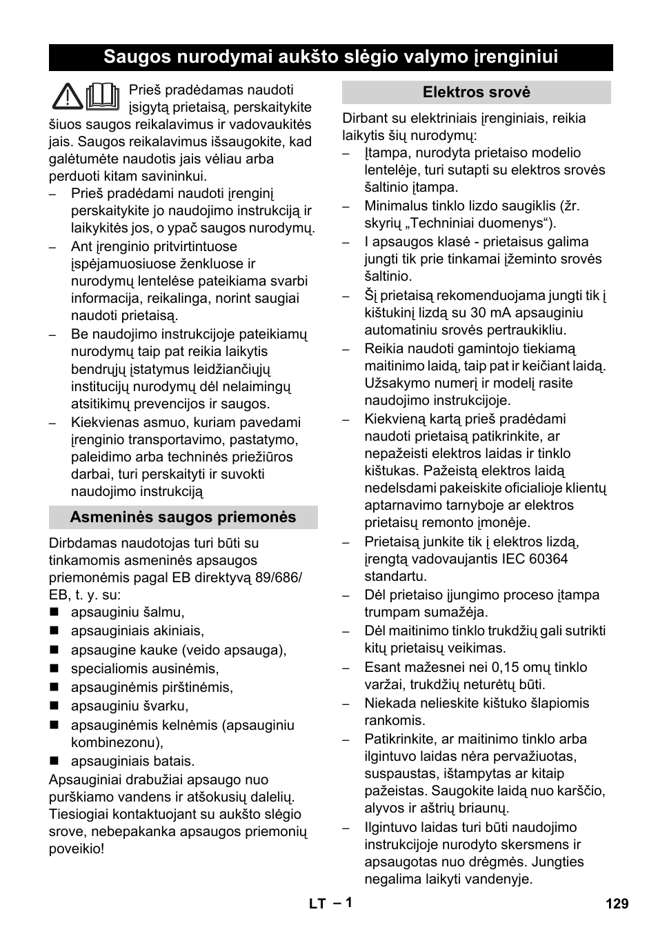 Lietuviškai, Saugos nurodymai aukšto slėgio valymo įrenginiui | Karcher HD 9-50-4 User Manual | Page 129 / 140