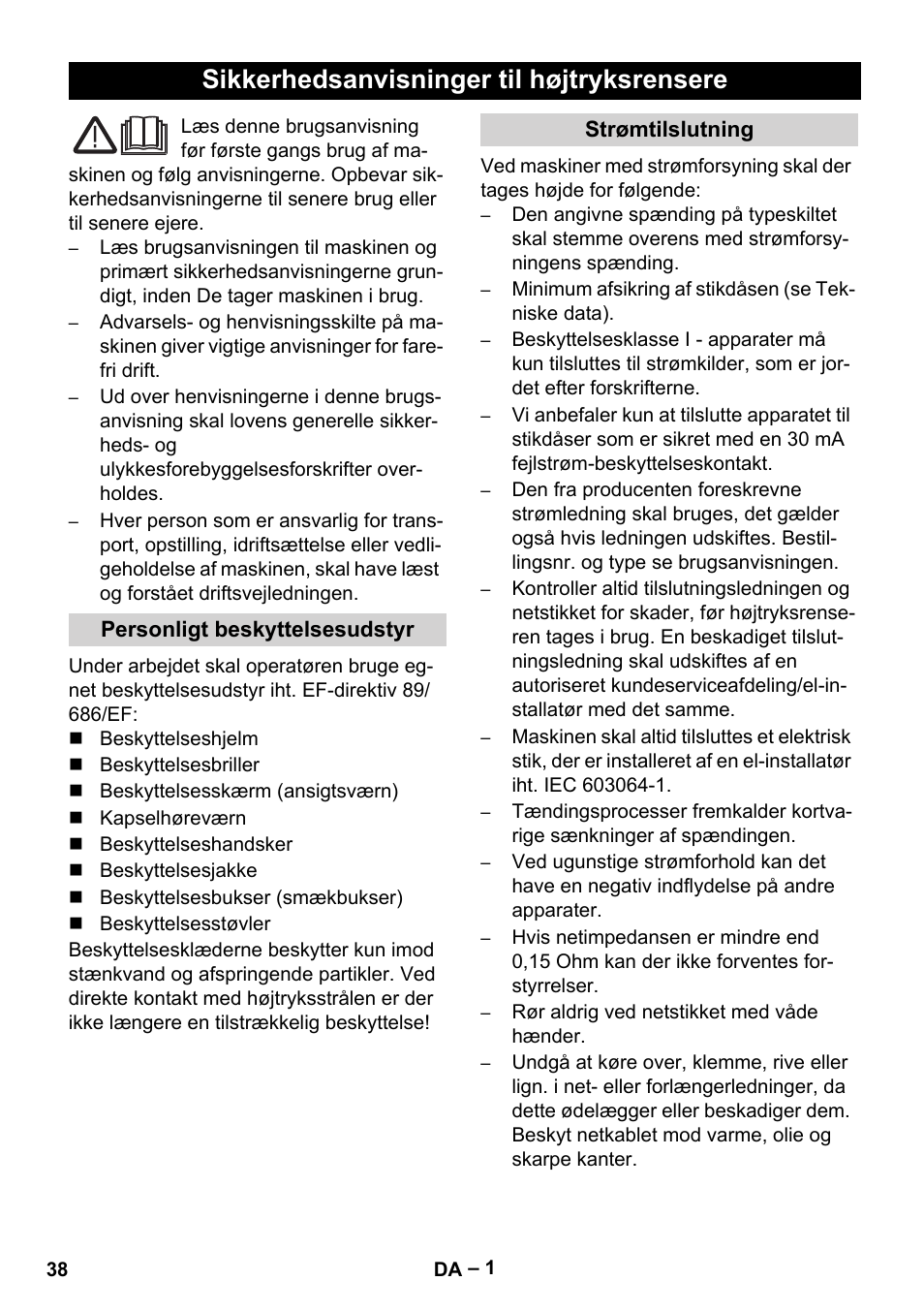 Dansk, Sikkerhedsanvisninger til højtryksrensere | Karcher HD 9-50-4 User Manual | Page 38 / 140