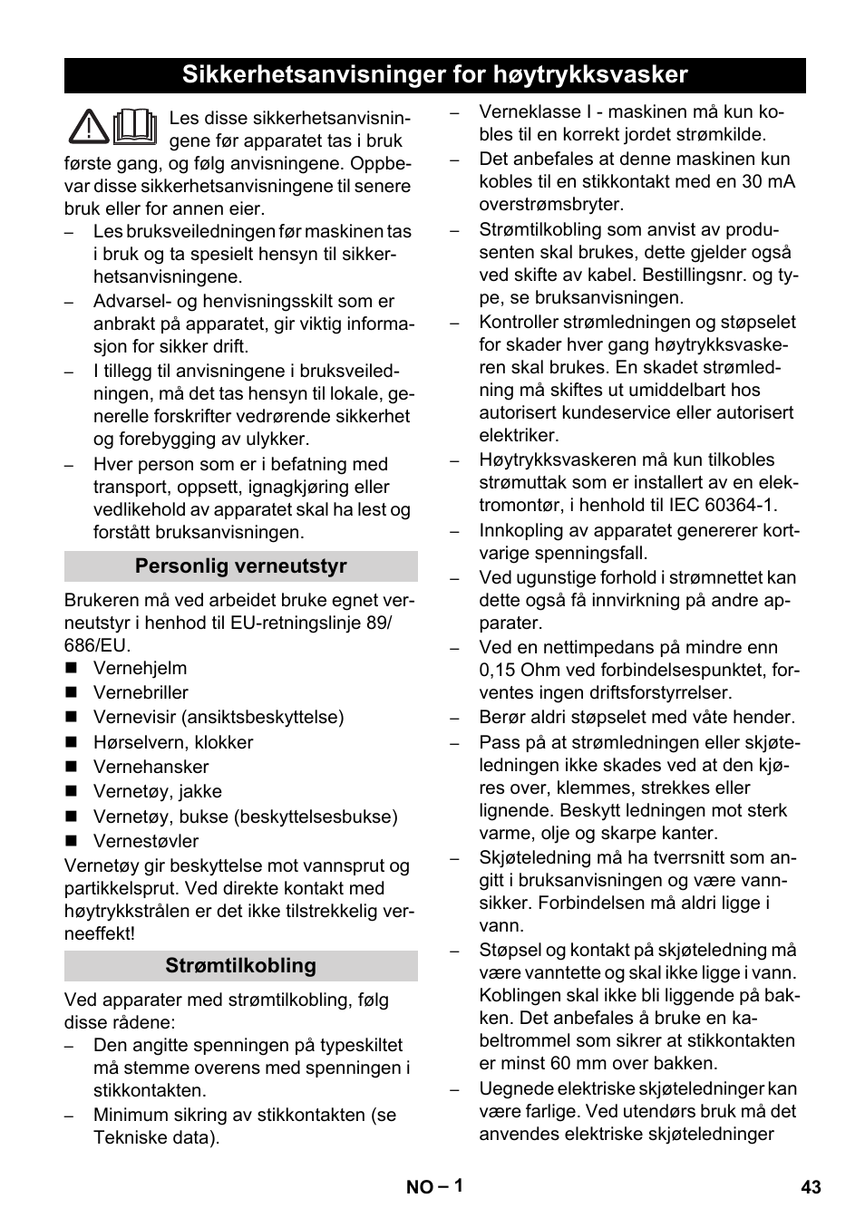 Norsk, Sikkerhetsanvisninger for høytrykksvasker | Karcher HD 9-50-4 User Manual | Page 43 / 140