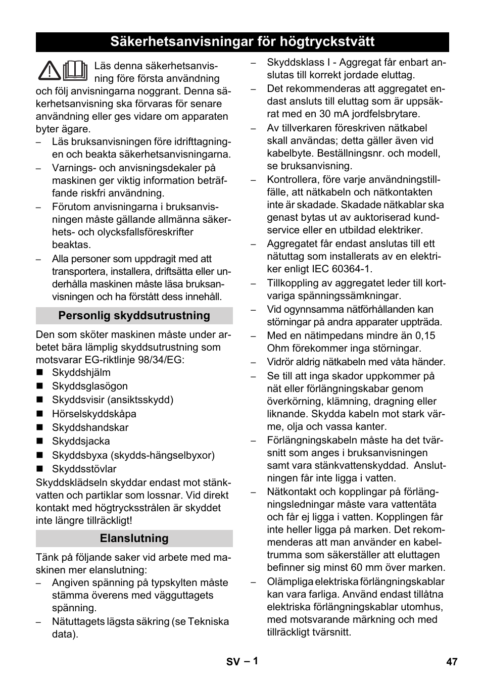 Svenska, Säkerhetsanvisningar för högtryckstvätt | Karcher HD 9-50-4 User Manual | Page 47 / 140