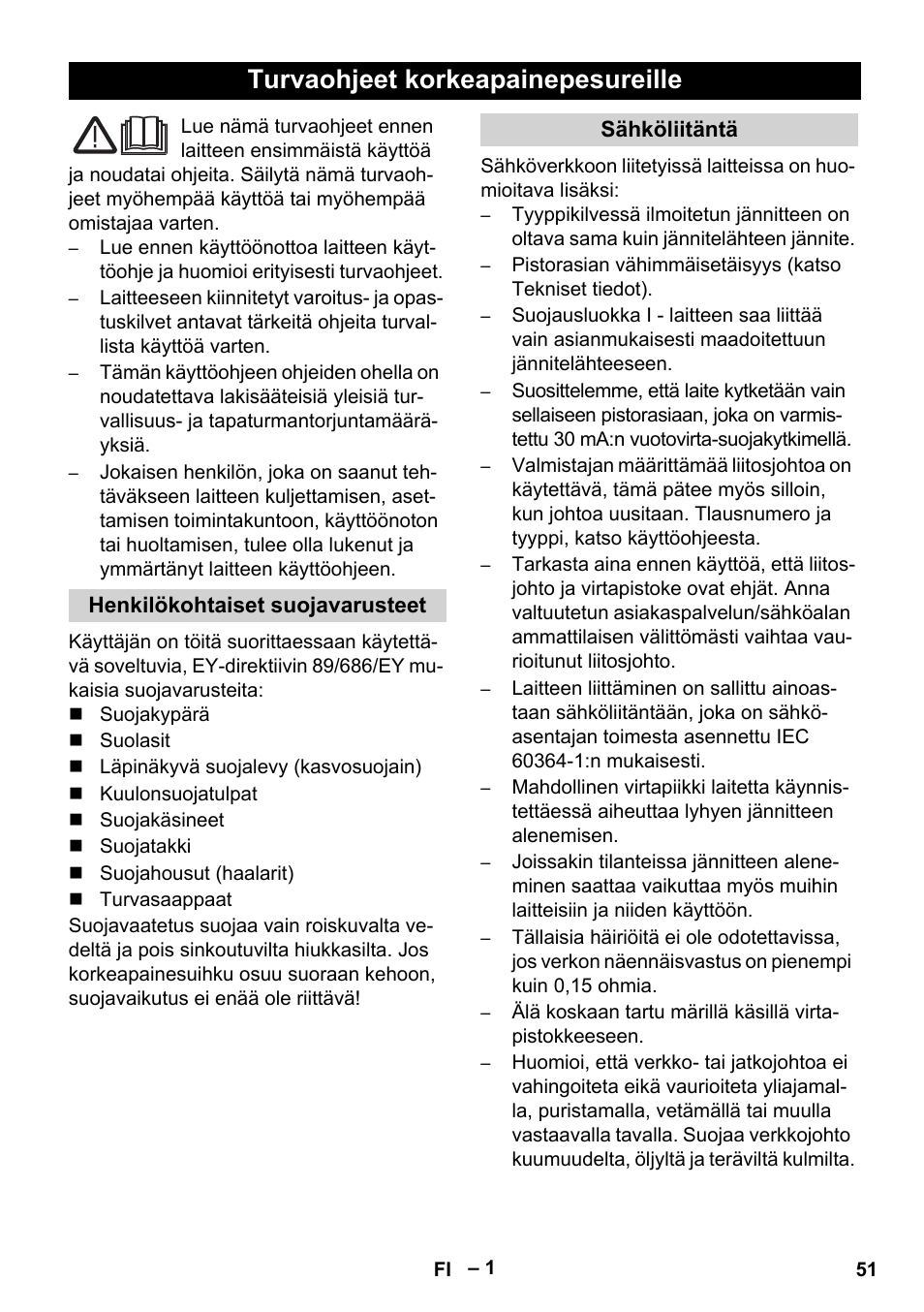 Suomi, Turvaohjeet korkeapainepesureille | Karcher HD 9-50-4 User Manual | Page 51 / 140