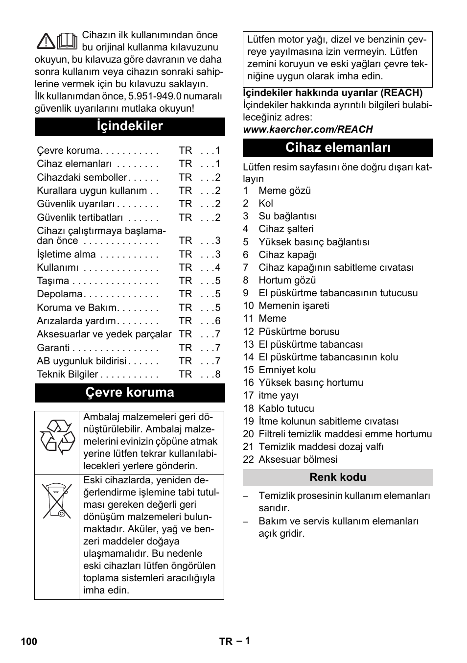 Türkçe, Içindekiler, Çevre koruma | Cihaz elemanları | Karcher HD 5-11 C Plus User Manual | Page 100 / 232