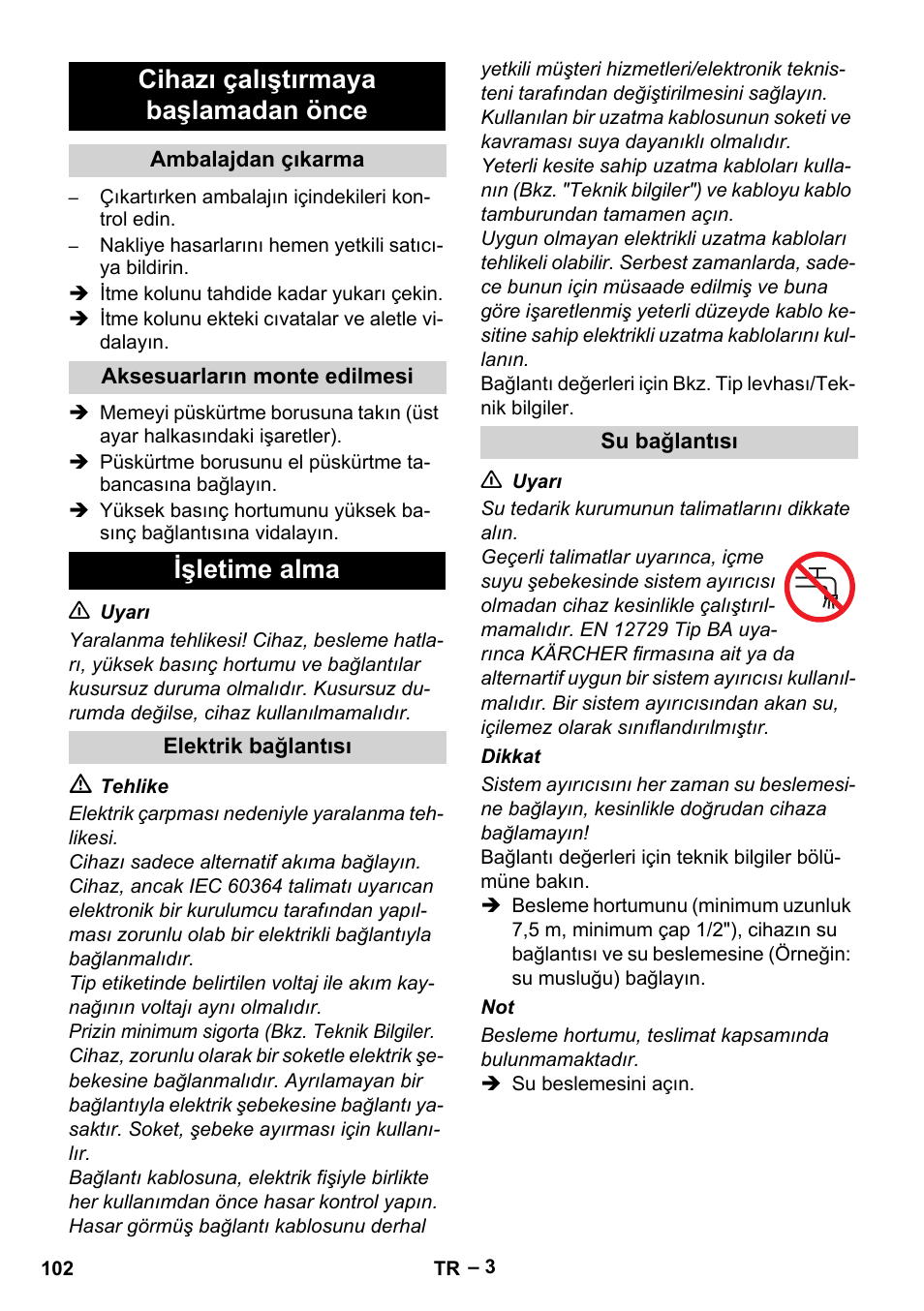 Cihazı çalıştırmaya başlamadan önce, Işletime alma | Karcher HD 5-11 C Plus User Manual | Page 102 / 232