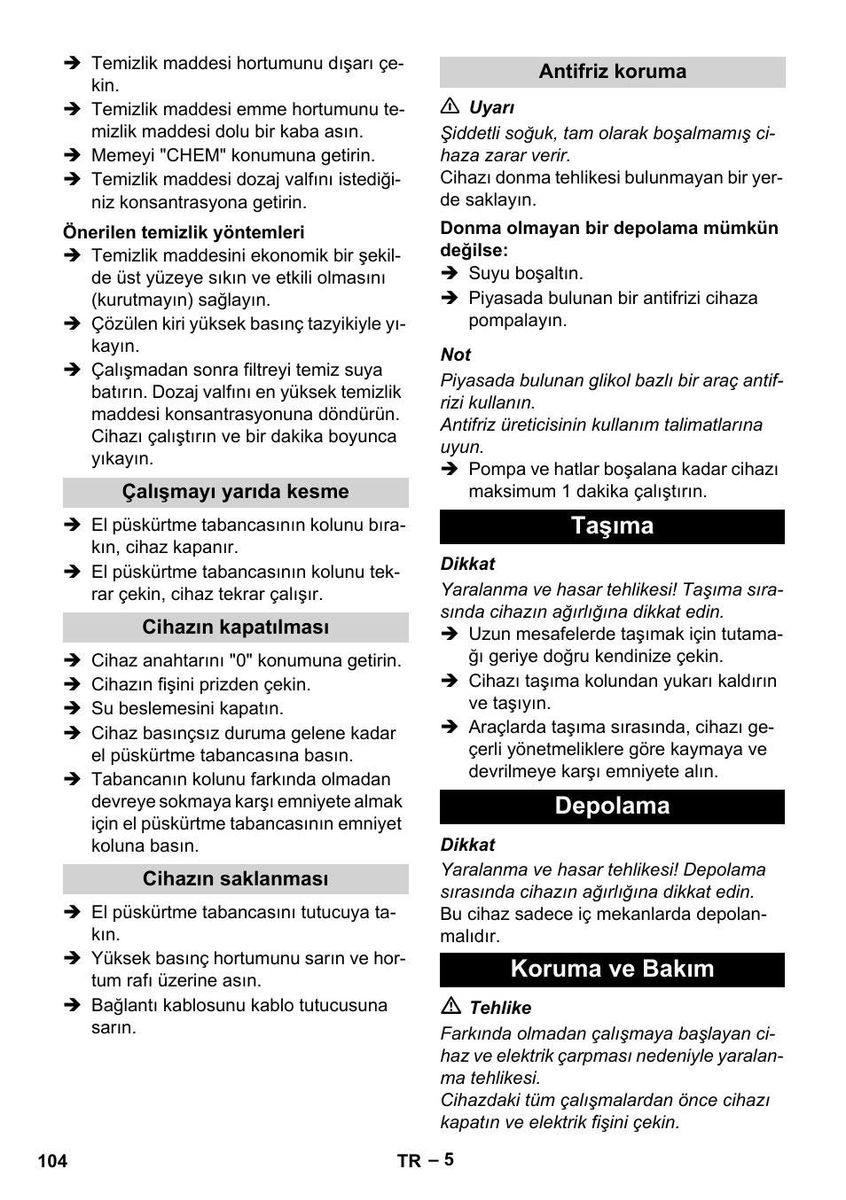 Taşıma depolama koruma ve bakım | Karcher HD 5-11 C Plus User Manual | Page 104 / 232