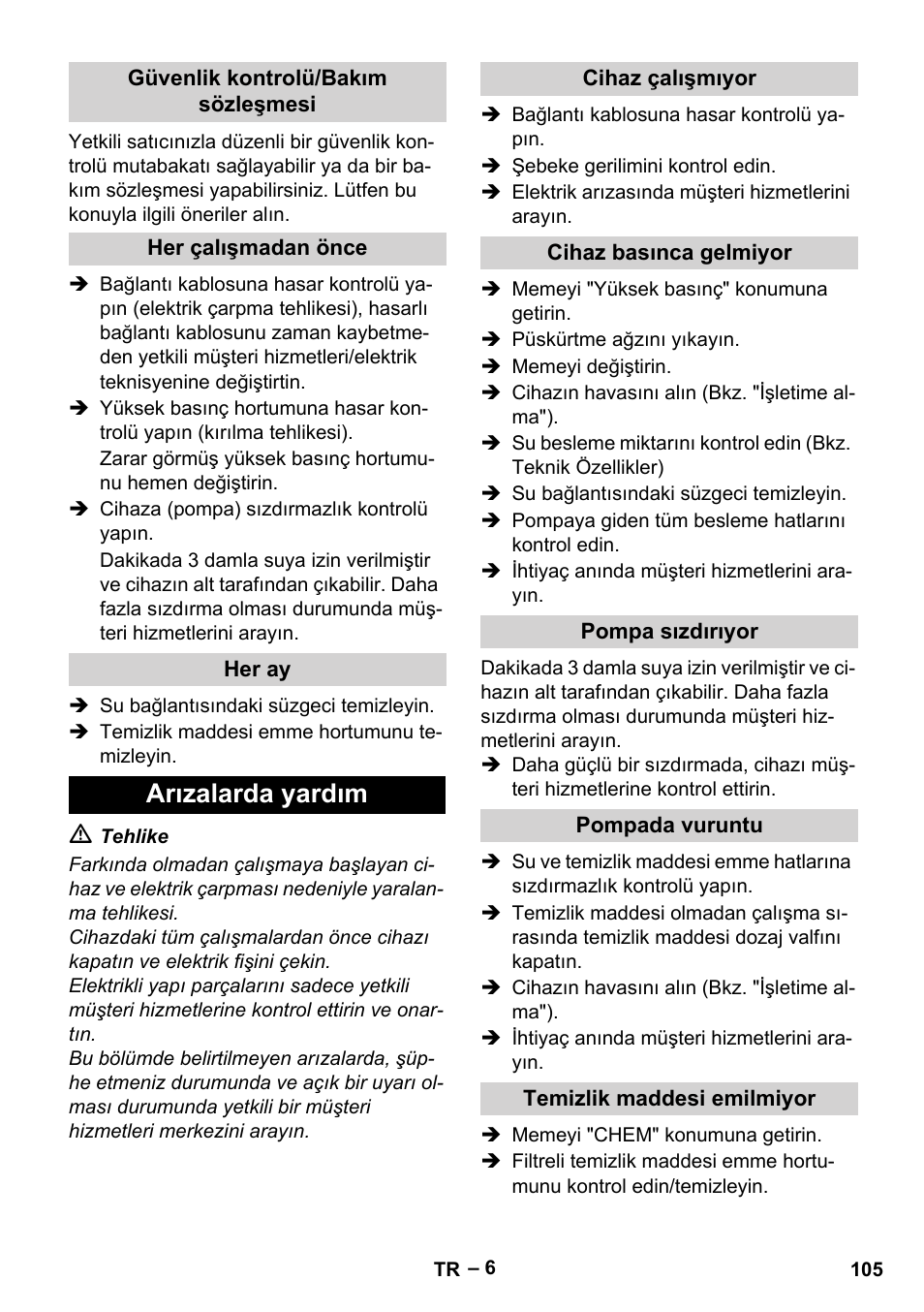 Arızalarda yardım | Karcher HD 5-11 C Plus User Manual | Page 105 / 232