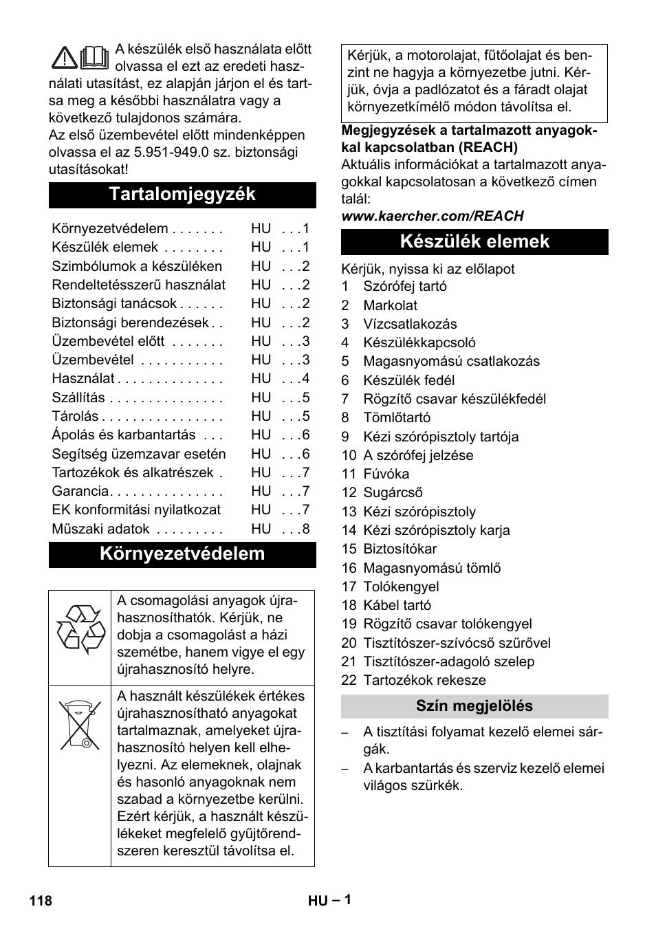 Magyar, Tartalomjegyzék, Környezetvédelem | Készülék elemek | Karcher HD 5-11 C Plus User Manual | Page 118 / 232