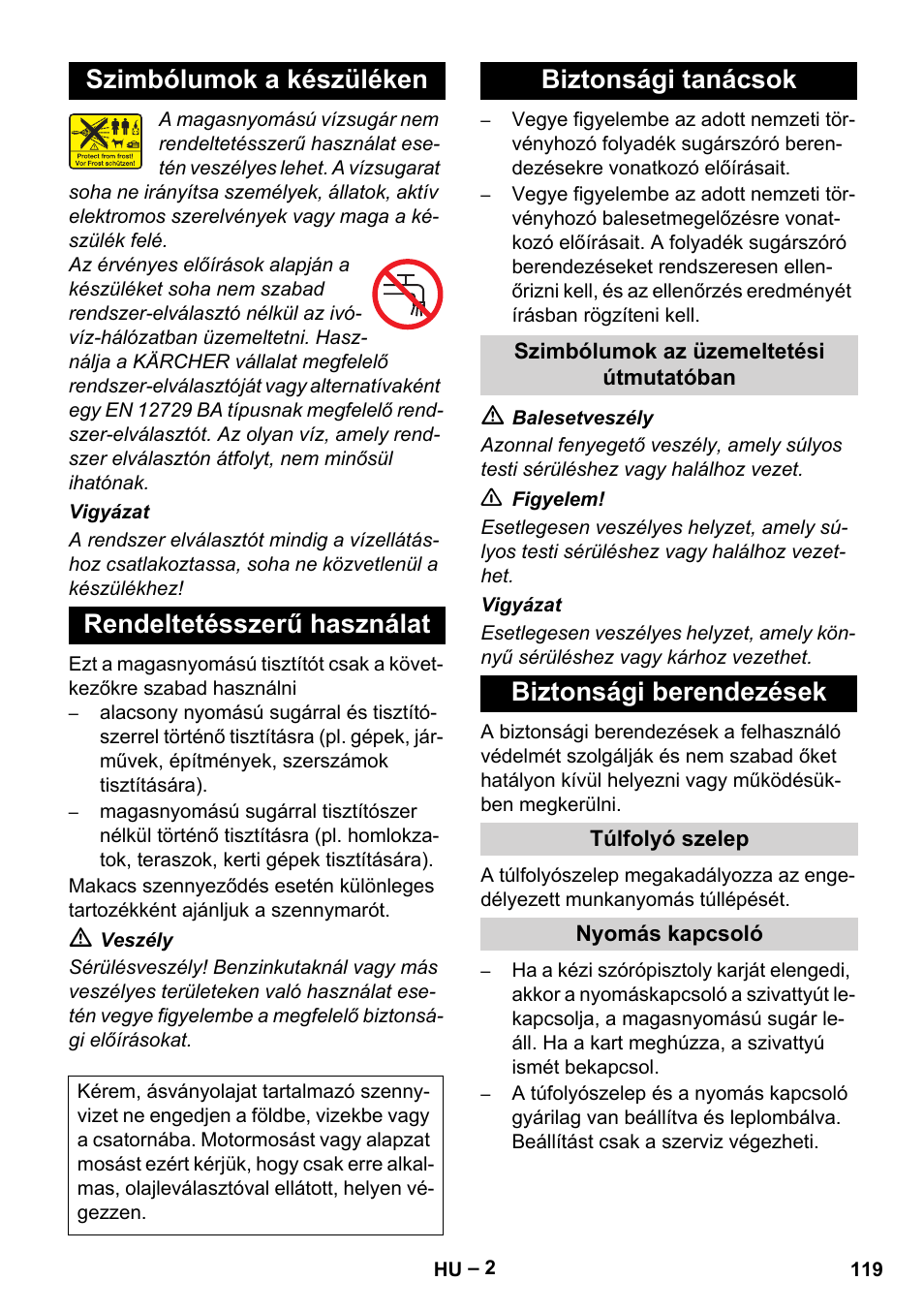 Biztonsági tanácsok, Biztonsági berendezések | Karcher HD 5-11 C Plus User Manual | Page 119 / 232