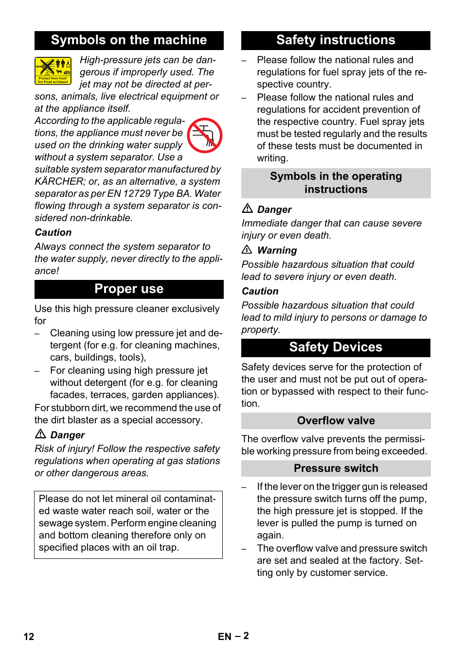 Symbols on the machine proper use, Safety instructions, Safety devices | Karcher HD 5-11 C Plus User Manual | Page 12 / 232