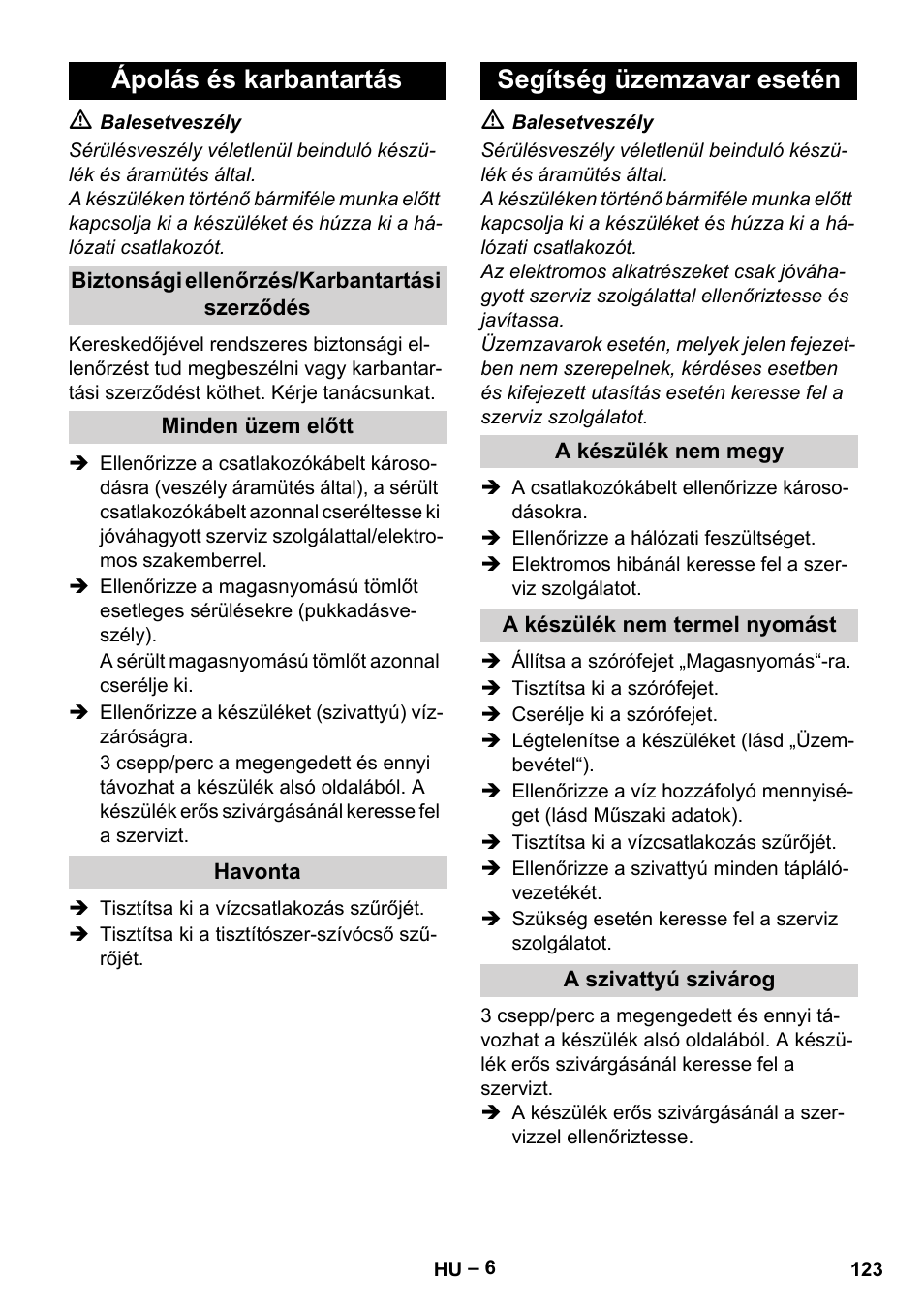 Ápolás és karbantartás, Segítség üzemzavar esetén | Karcher HD 5-11 C Plus User Manual | Page 123 / 232