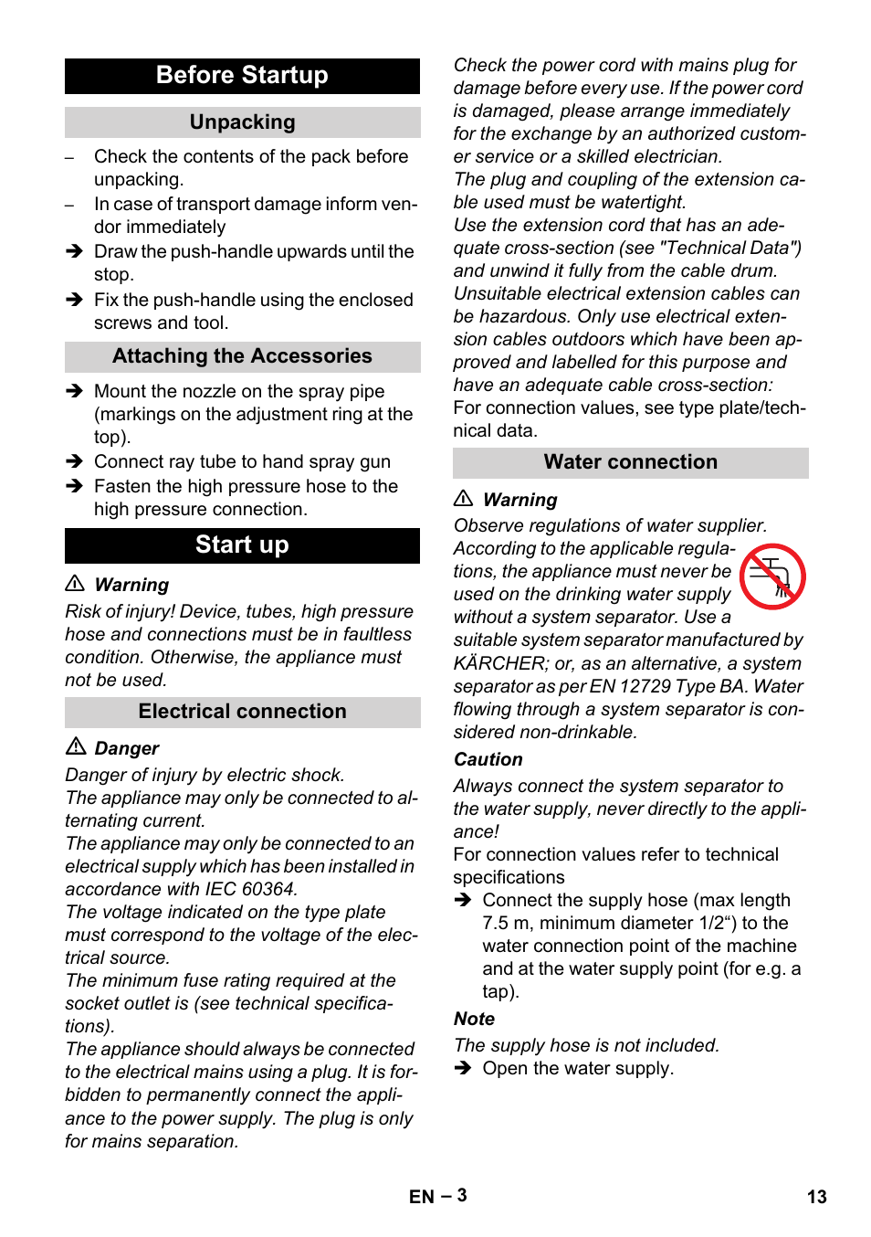 Before startup, Start up | Karcher HD 5-11 C Plus User Manual | Page 13 / 232