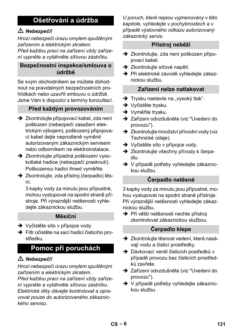 Ošetřování a údržba, Pomoc při poruchách | Karcher HD 5-11 C Plus User Manual | Page 131 / 232