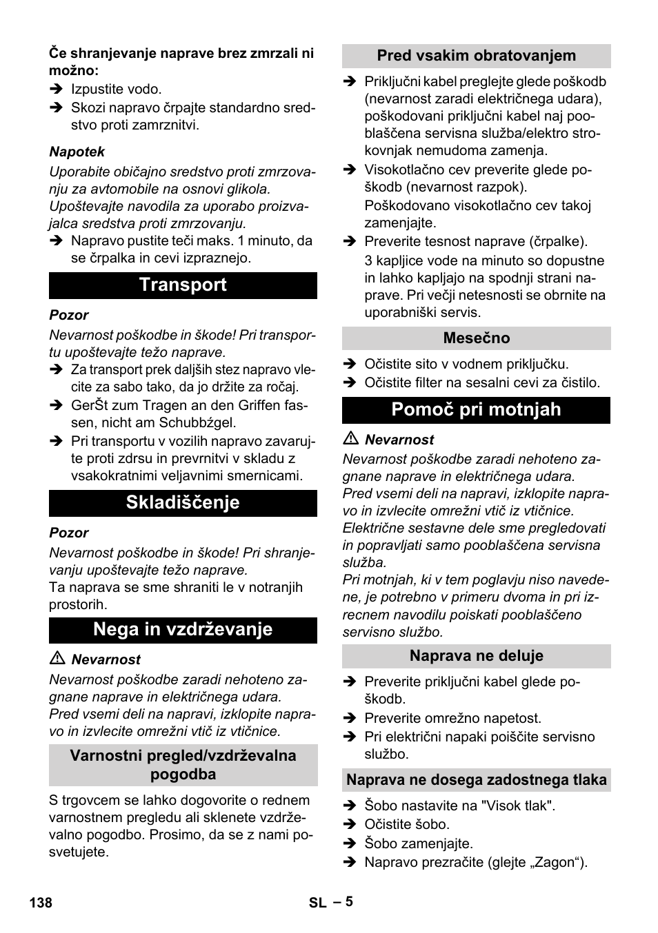 Transport skladiščenje nega in vzdrževanje, Pomoč pri motnjah | Karcher HD 5-11 C Plus User Manual | Page 138 / 232