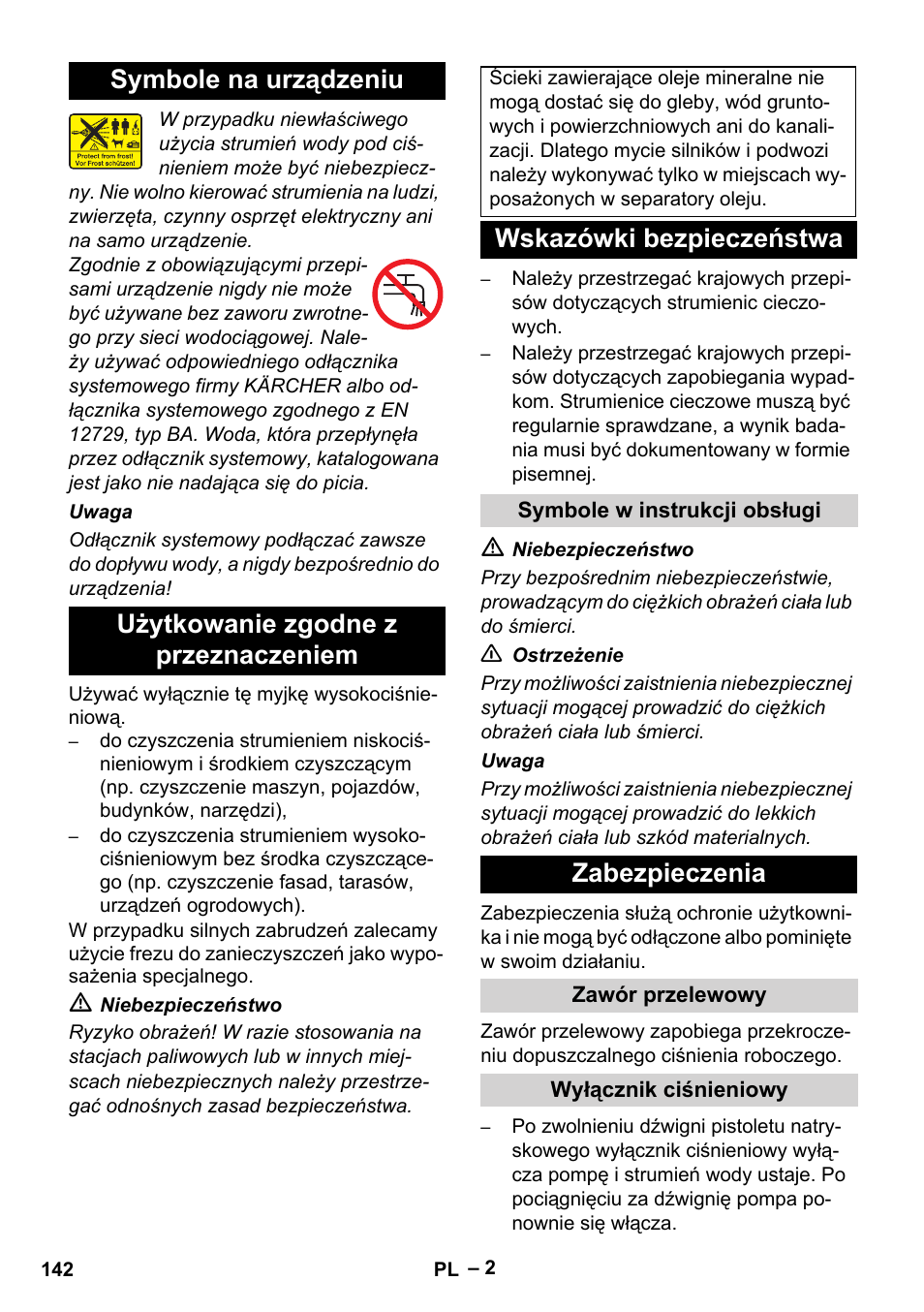 Wskazówki bezpieczeństwa, Zabezpieczenia | Karcher HD 5-11 C Plus User Manual | Page 142 / 232