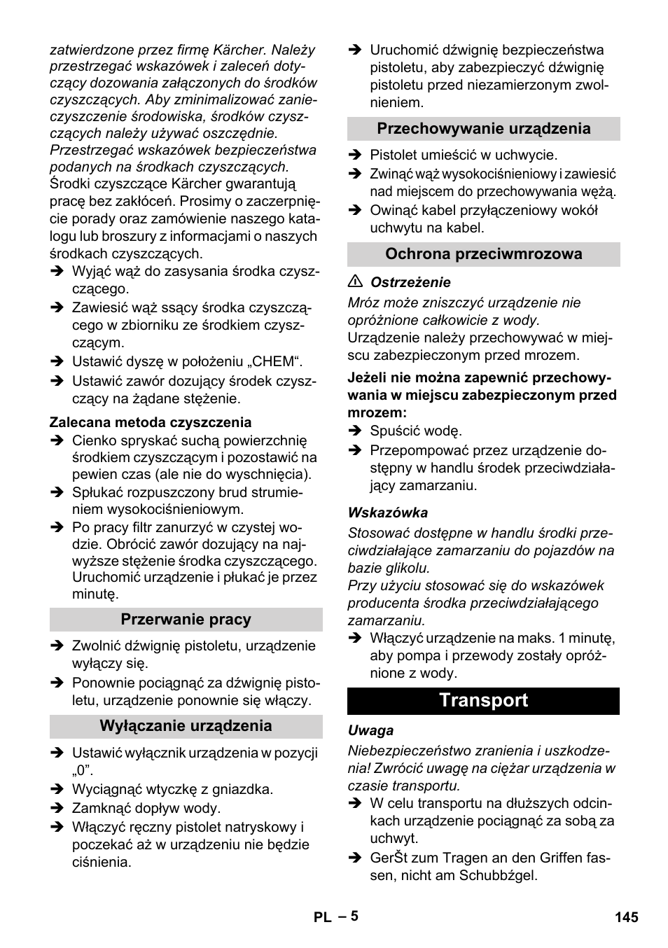 Transport | Karcher HD 5-11 C Plus User Manual | Page 145 / 232