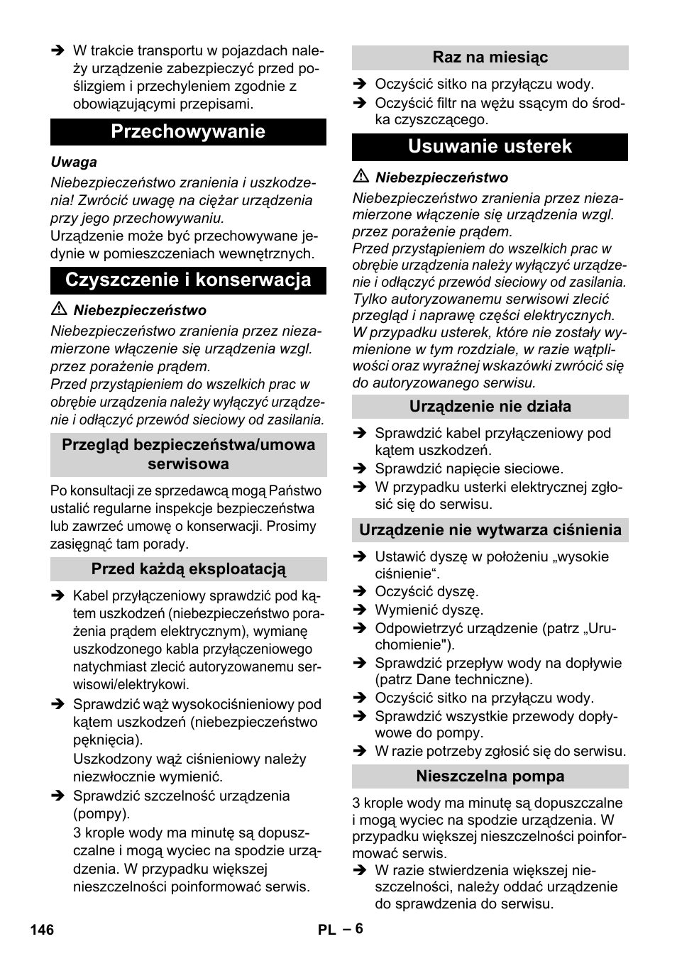 Przechowywanie czyszczenie i konserwacja, Usuwanie usterek | Karcher HD 5-11 C Plus User Manual | Page 146 / 232