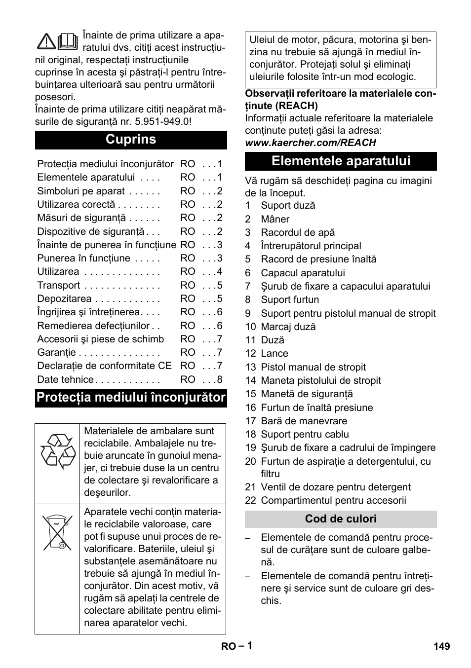 Româneşte, Cuprins, Protecţia mediului înconjurător | Elementele aparatului | Karcher HD 5-11 C Plus User Manual | Page 149 / 232