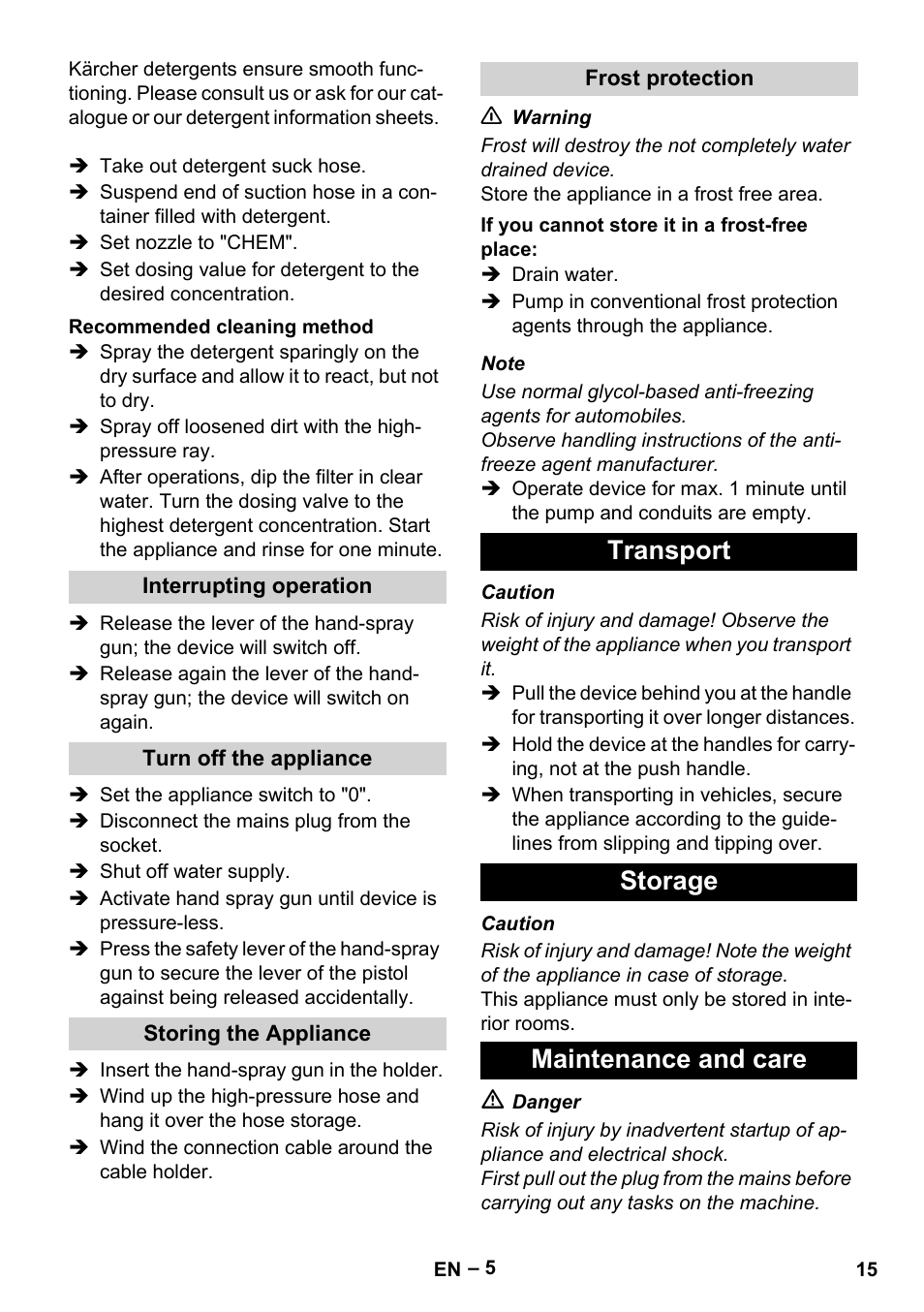 Transport storage maintenance and care | Karcher HD 5-11 C Plus User Manual | Page 15 / 232