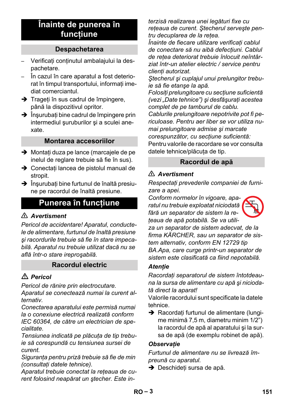 Înainte de punerea în funcţiune, Punerea în funcţiune | Karcher HD 5-11 C Plus User Manual | Page 151 / 232