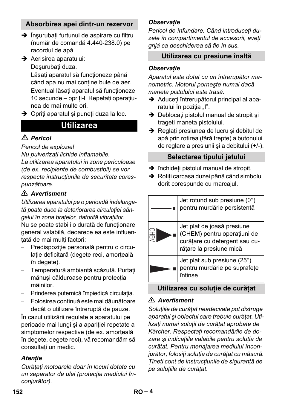 Utilizarea | Karcher HD 5-11 C Plus User Manual | Page 152 / 232