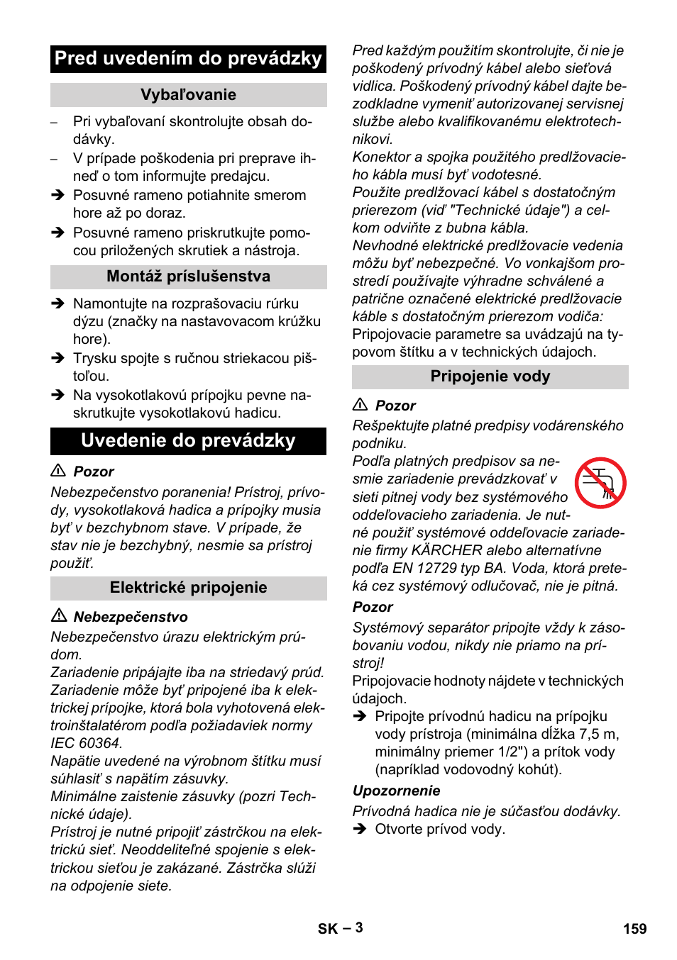 Pred uvedením do prevádzky, Uvedenie do prevádzky | Karcher HD 5-11 C Plus User Manual | Page 159 / 232