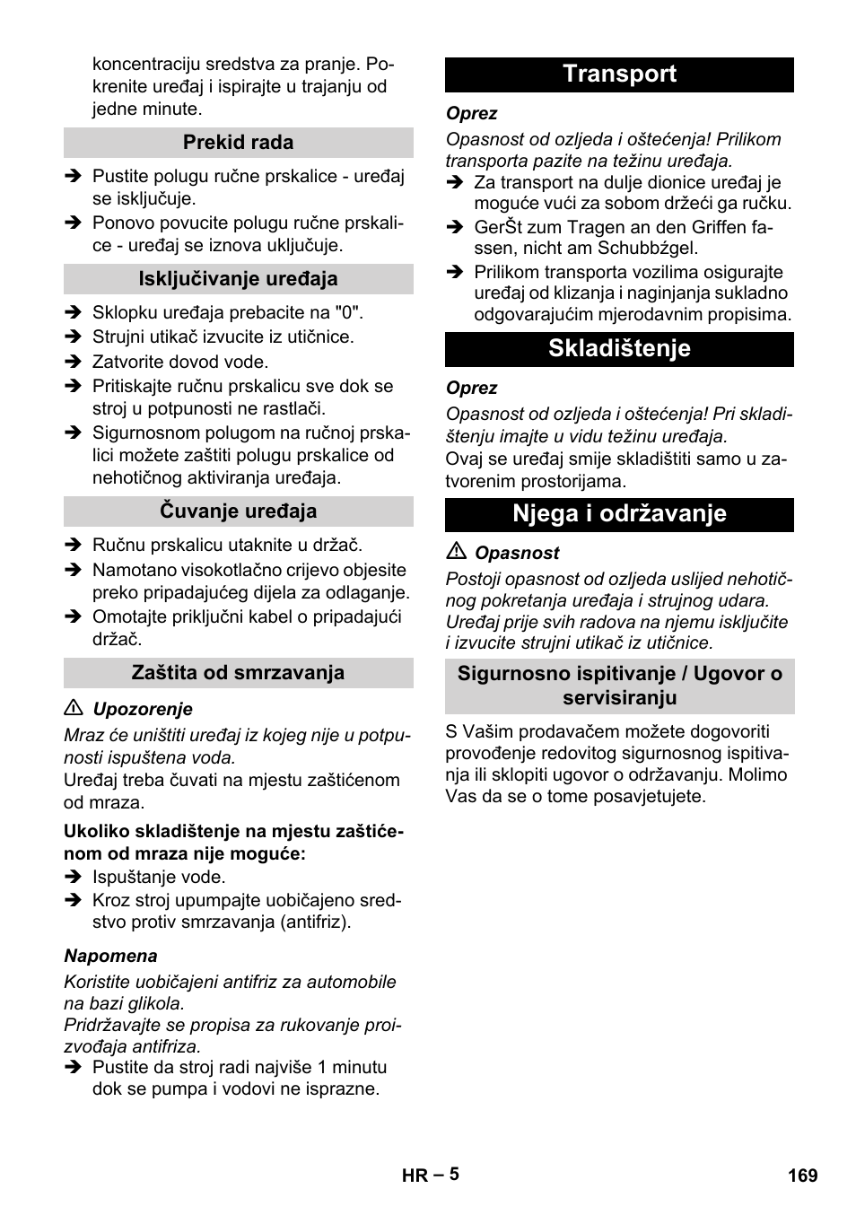 Transport skladištenje njega i održavanje | Karcher HD 5-11 C Plus User Manual | Page 169 / 232