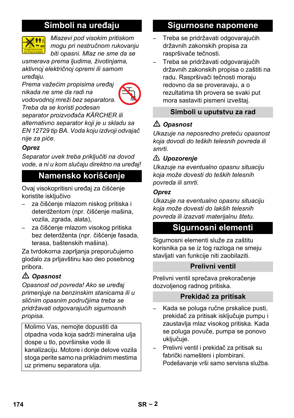 Simboli na uređaju namensko korišćenje, Sigurnosne napomene, Sigurnosni elementi | Karcher HD 5-11 C Plus User Manual | Page 174 / 232