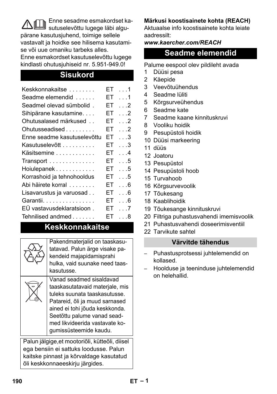 Eesti, Sisukord, Keskkonnakaitse | Seadme elemendid | Karcher HD 5-11 C Plus User Manual | Page 190 / 232