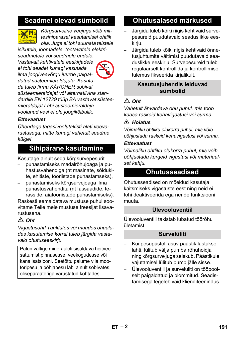 Seadmel olevad sümbolid sihipärane kasutamine, Ohutusalased märkused, Ohutusseadised | Karcher HD 5-11 C Plus User Manual | Page 191 / 232